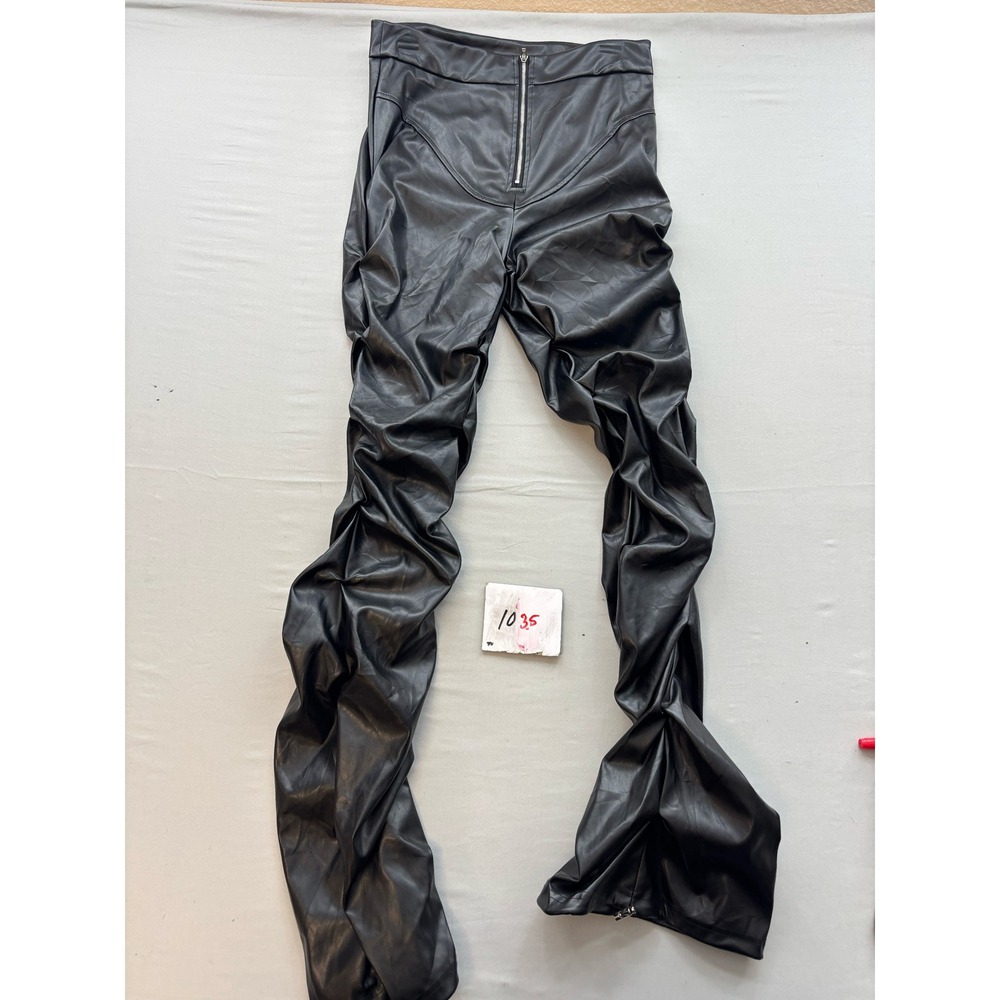 SHEIN Black Faux Leather Stacked Ruched Flare Pants High Waisted Womens Size M 6